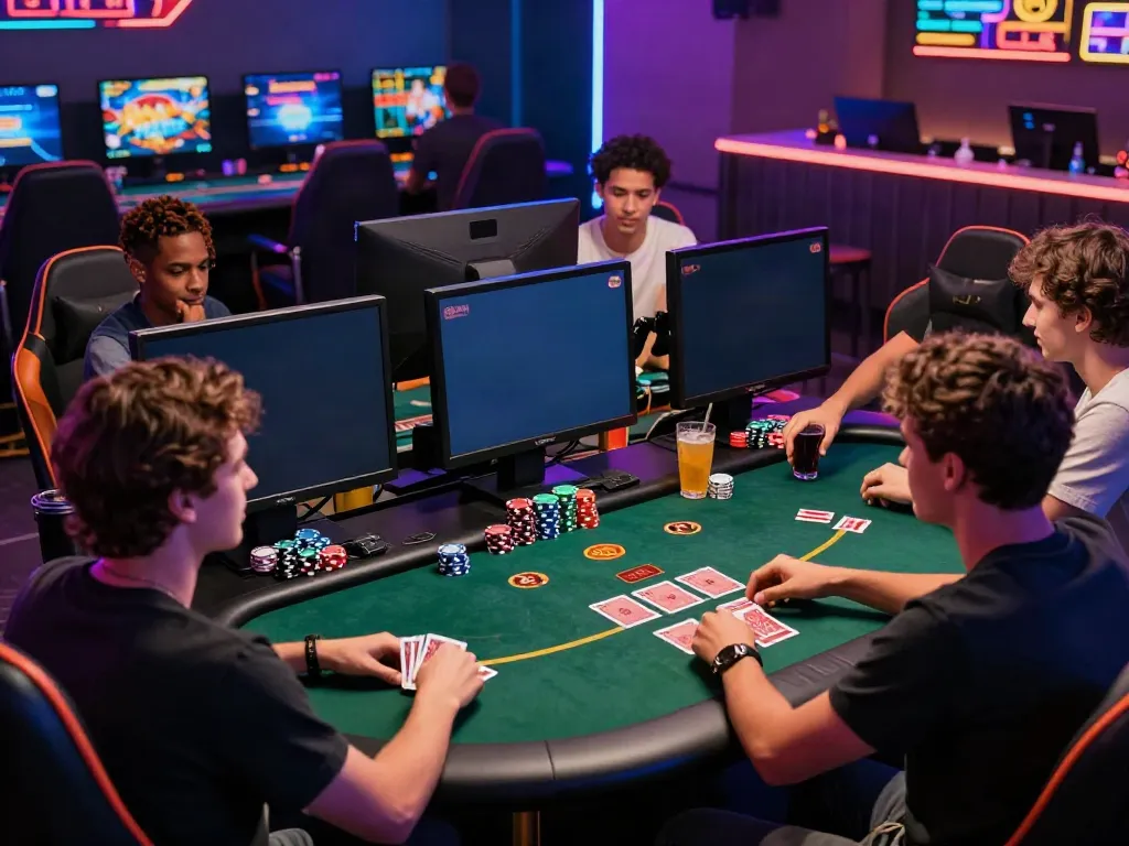 Friends enjoying games at casino sites not on gamstop in a modern lounge.