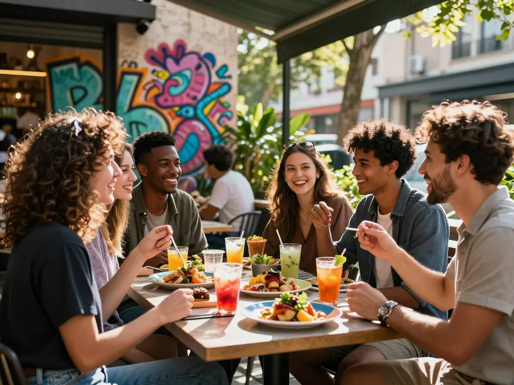 Friends enjoying gourmet food and drinks at an urban café while appreciating their time together, love it atmosphere