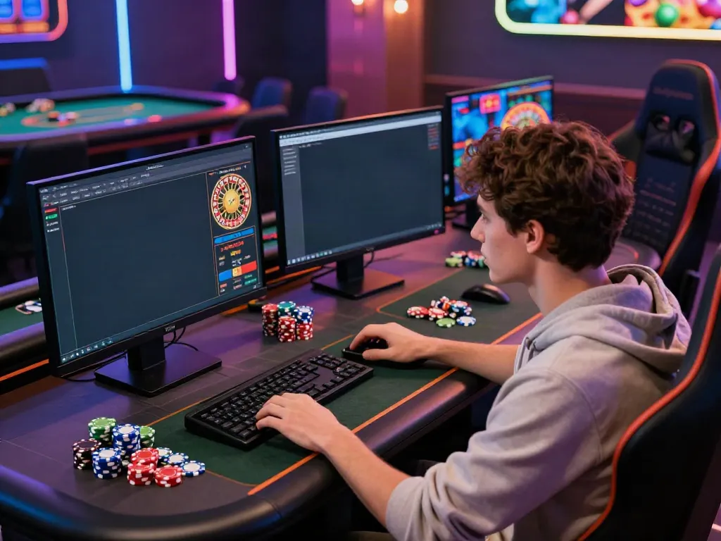 Engaging player enjoying casino sites not on Gamstop at colorful gaming setup