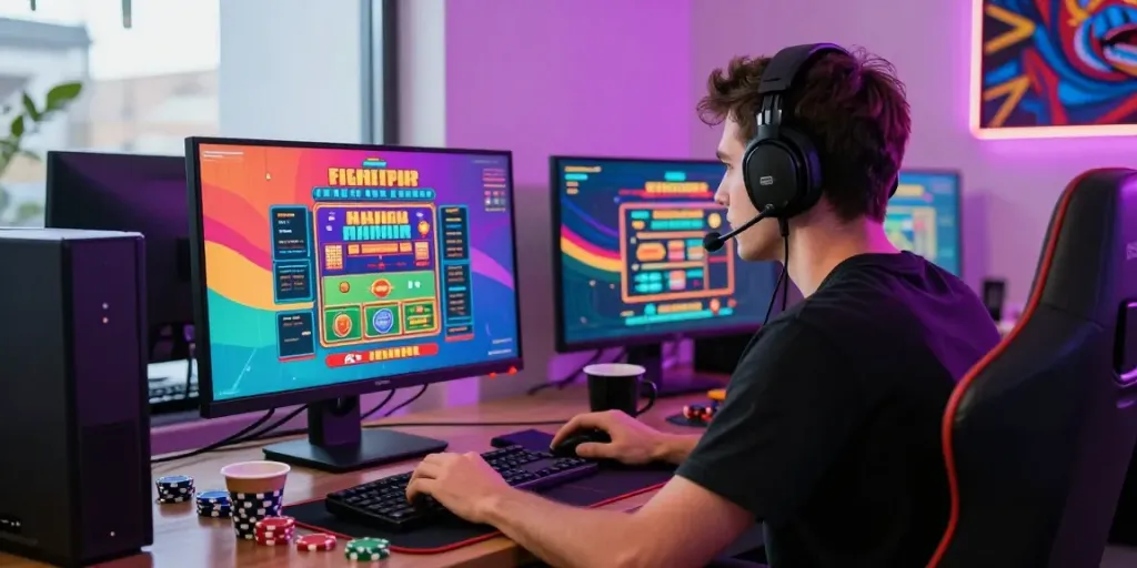Engaging scene showcasing casino sites not on gamstop with a player enjoying diverse online games in a vibrant home office.