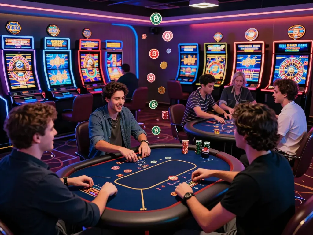 Exciting casino sites not on gamstop scene with players engaging in digital games and neon lights.