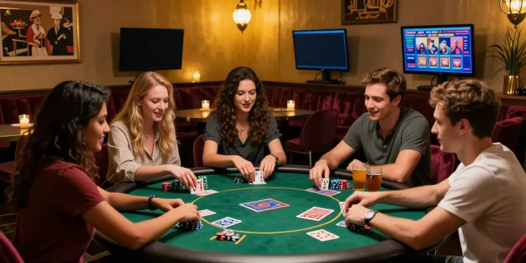 Friends enjoying a vibrant night at casino sites not on gamstop, playing cards and sharing drinks.