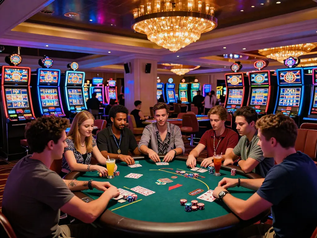 Friends enjoying poker at vibrant casino sites not on gamstop, with colorful lights and cocktails.