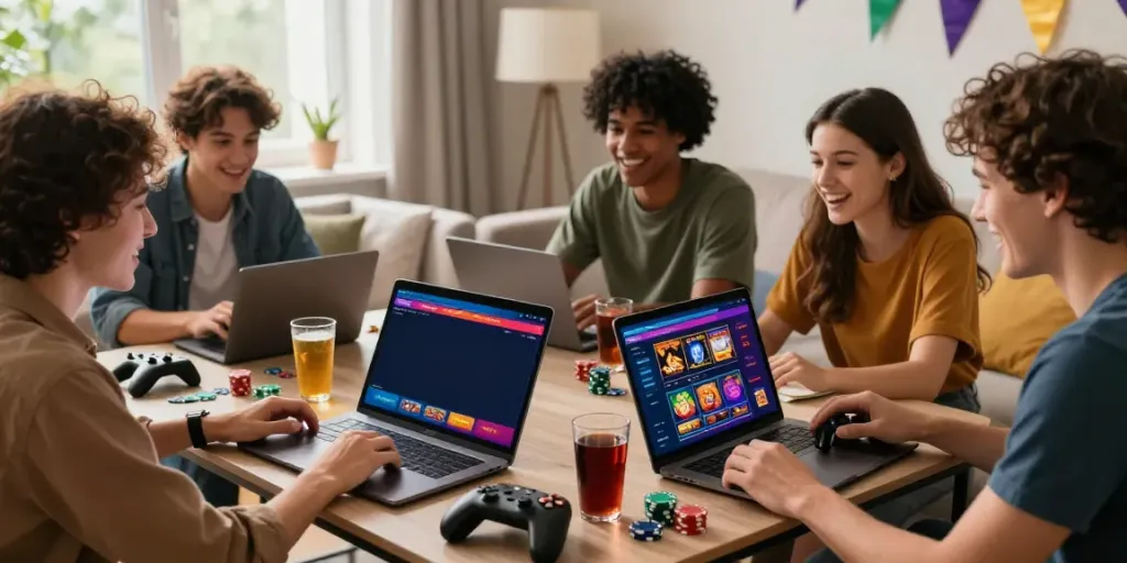 Friends enjoying casino sites not on GamStop together in a cozy living room.