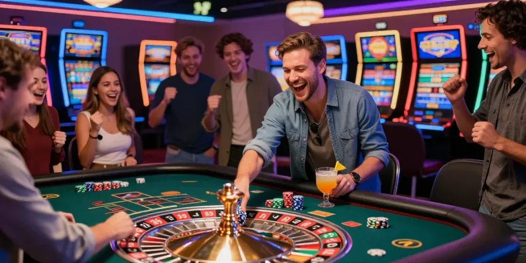 Excited player enjoying casino sites not on Gamstop with friends at a roulette table