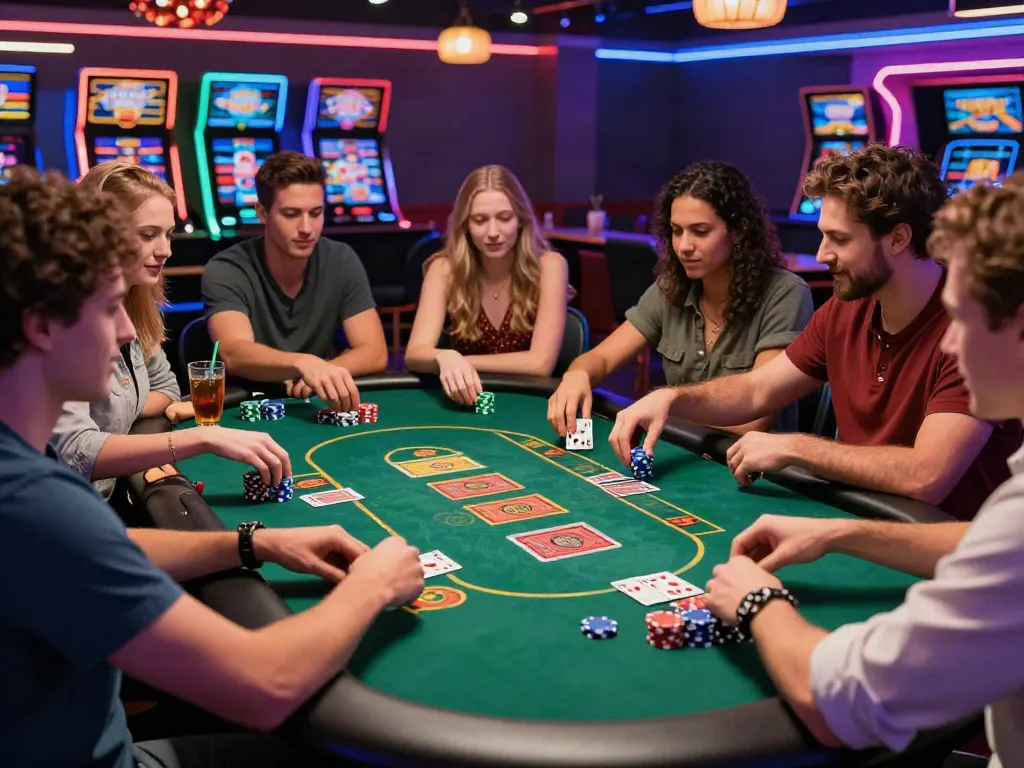 Exciting scene at casino sites not on gamstop with friends enjoying lively card game.