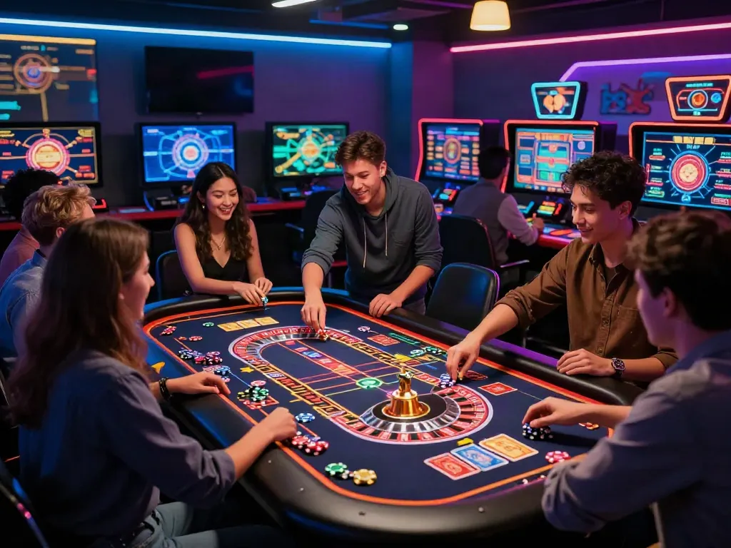 The exhilarating scene of friends playing at casino sites not on gamstop, showcasing lively interaction and modern game interfaces.