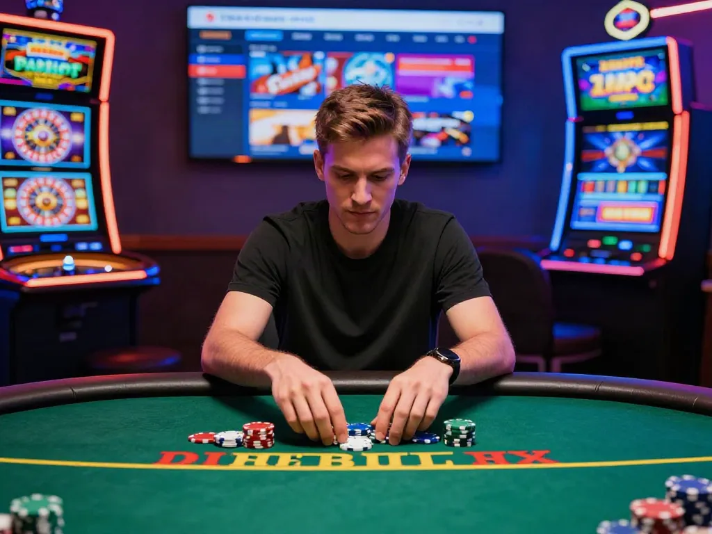 Player enjoying online games at casino sites not on GamStop, surrounded by poker and slot machine elements.