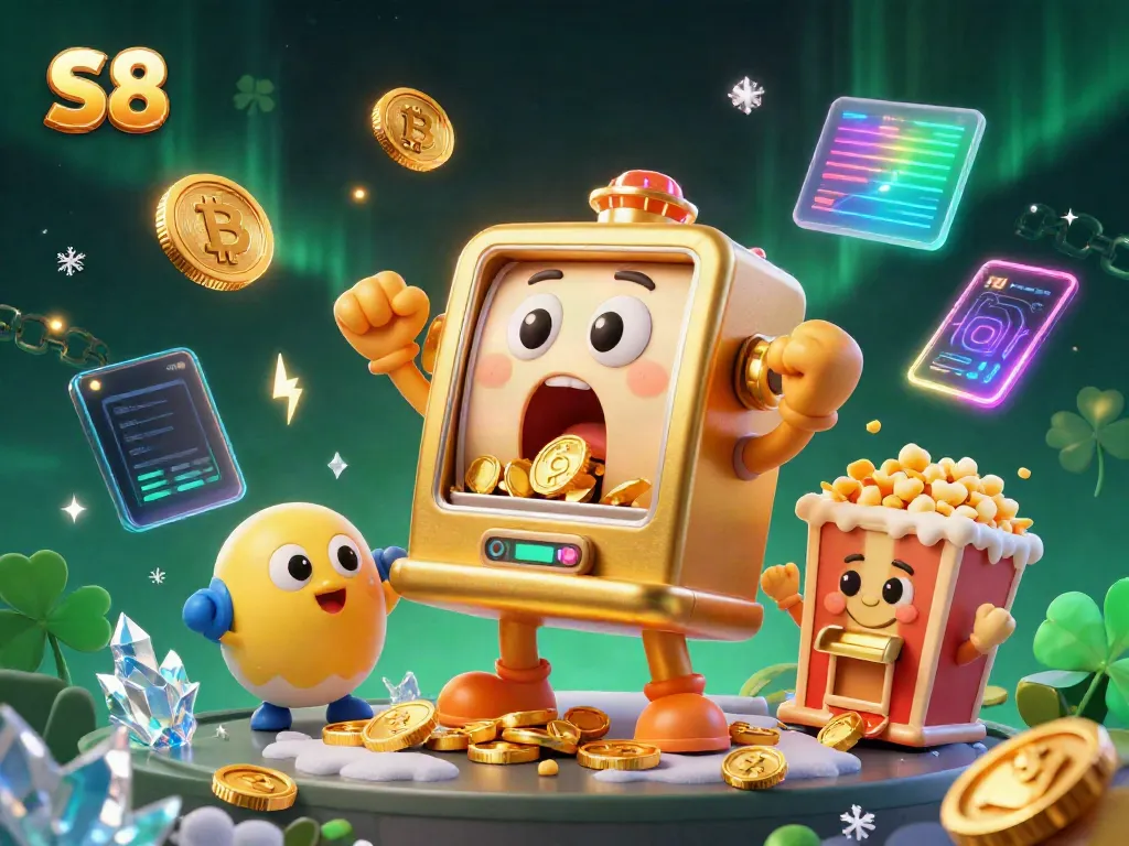 Experience the thrilling S8 jackpot with lively slot machines and crypto elements in a colorful scene.