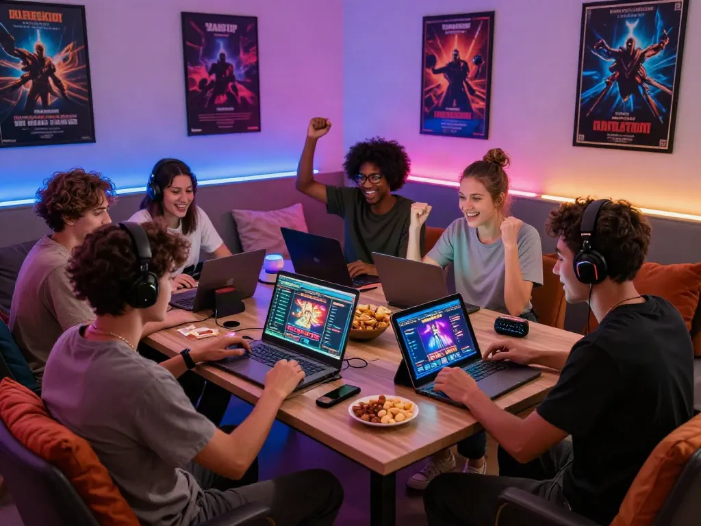 Friends enjoying gameplay on casino sites not on GamStop in a vibrant lounge.