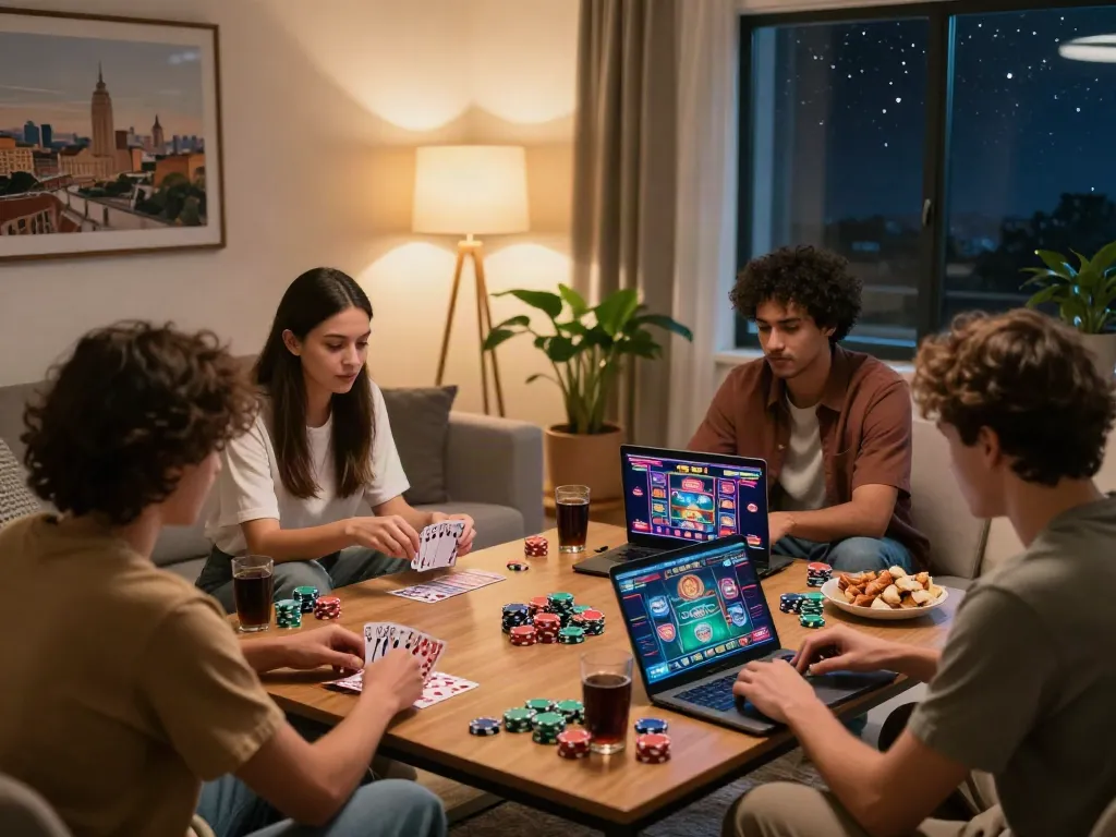 Friends enjoying casino sites not on gamstop in a cozy living room.