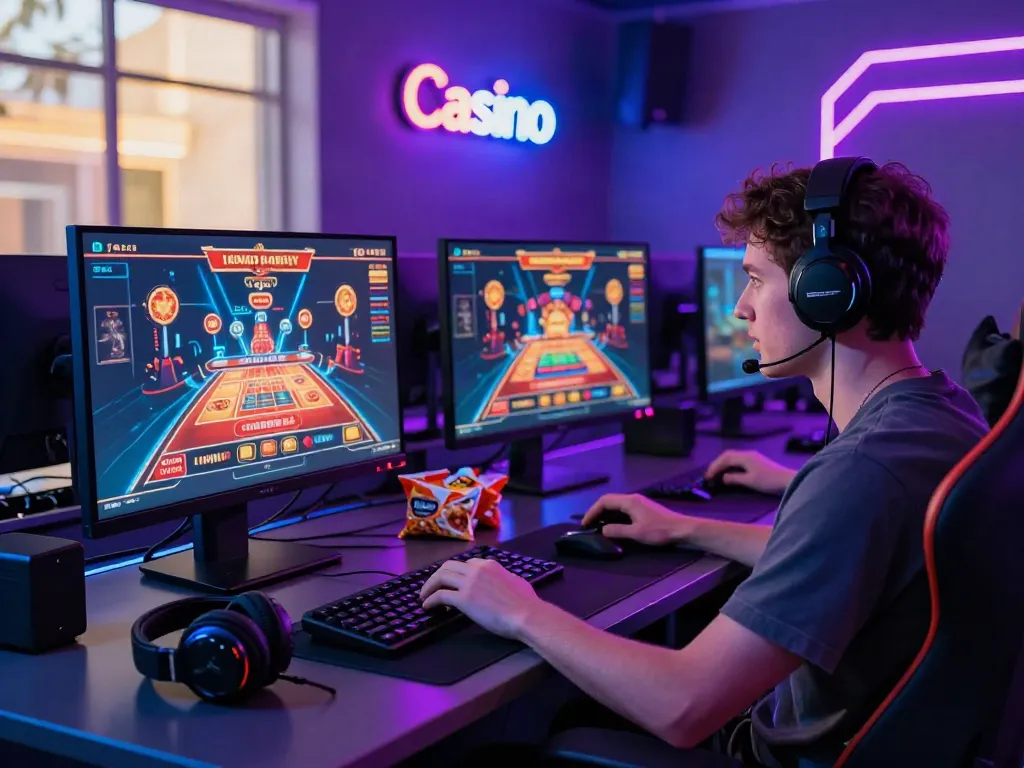 Dynamic gaming setup with a player engaged in casino sites not on gamstop, illuminated by colorful LED lights.