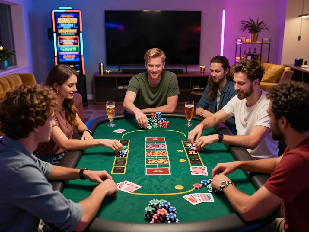 Exciting gathering of friends enjoying online casino games at home with promotions for casino sites not on GamStop.