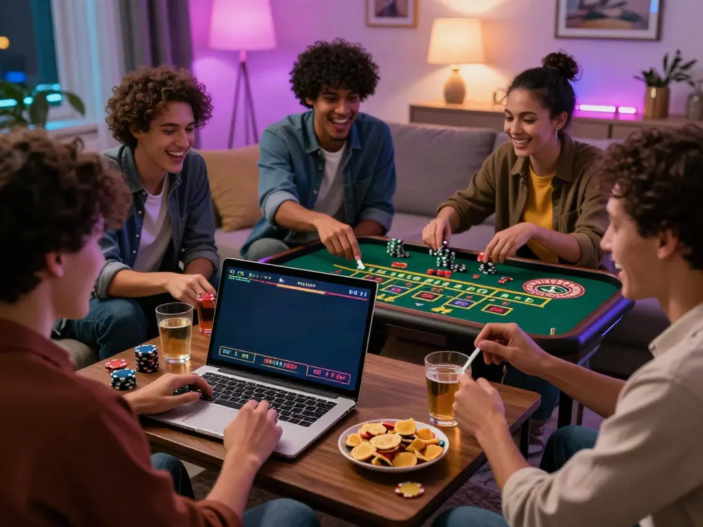 Friends enjoying casino sites not on gamstop during a lively home gathering.
