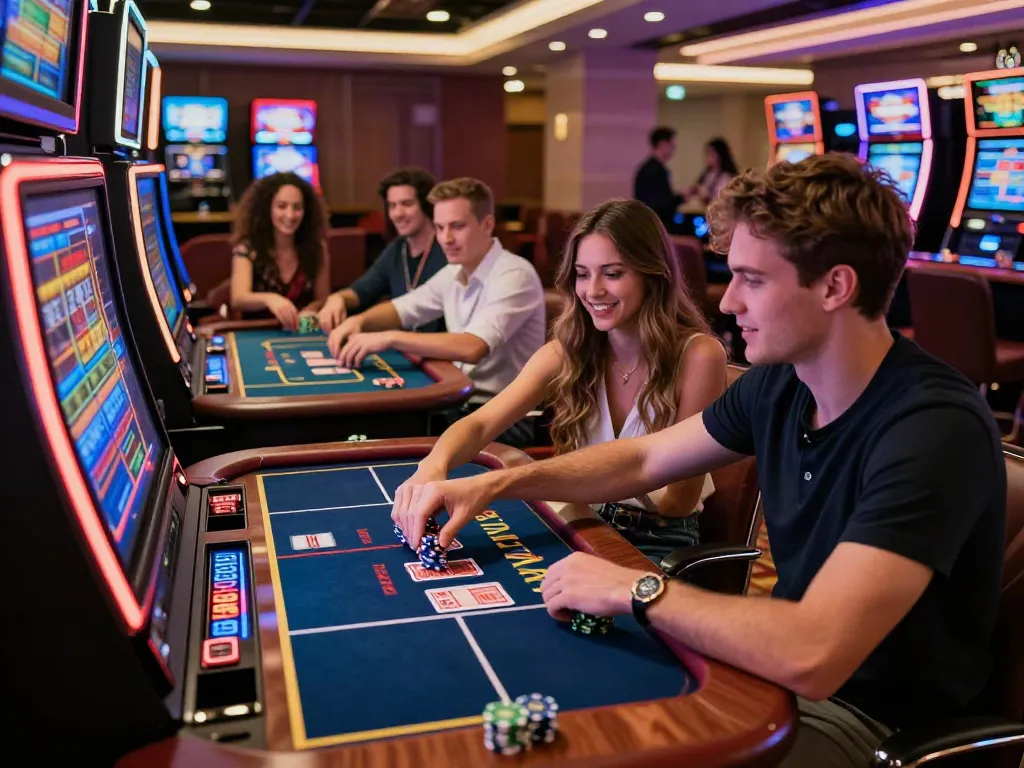 Engaged players at casino sites not on gamstop enjoying diverse games in vibrant atmosphere.