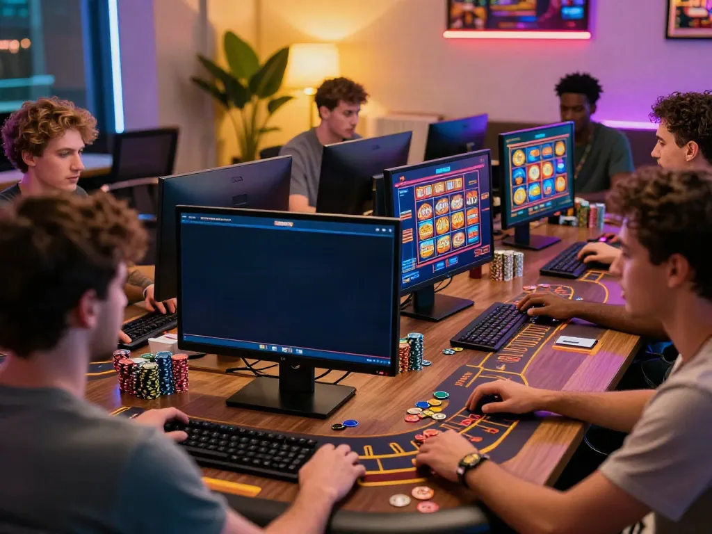 Exciting online gaming atmosphere highlighting casino sites not on gamstop with players at their computers.