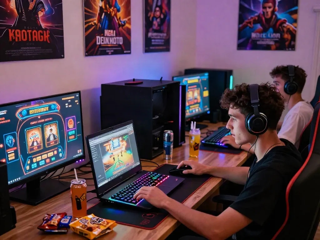 Engaging scene of casino sites not on gamstop gaming setup with multiple screens and vibrant lighting.
