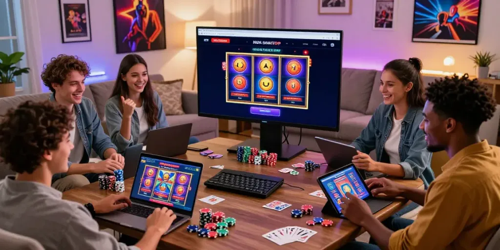 Friends enjoy casino sites not on GamStop in a lively living room setting.