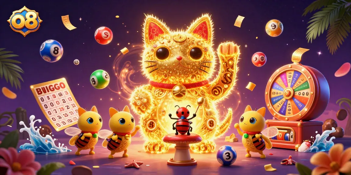 Engage in the exciting world of o8 with a captivating scene of golden fireflies transforming into a lucky cat amidst vibrant casino symbols.