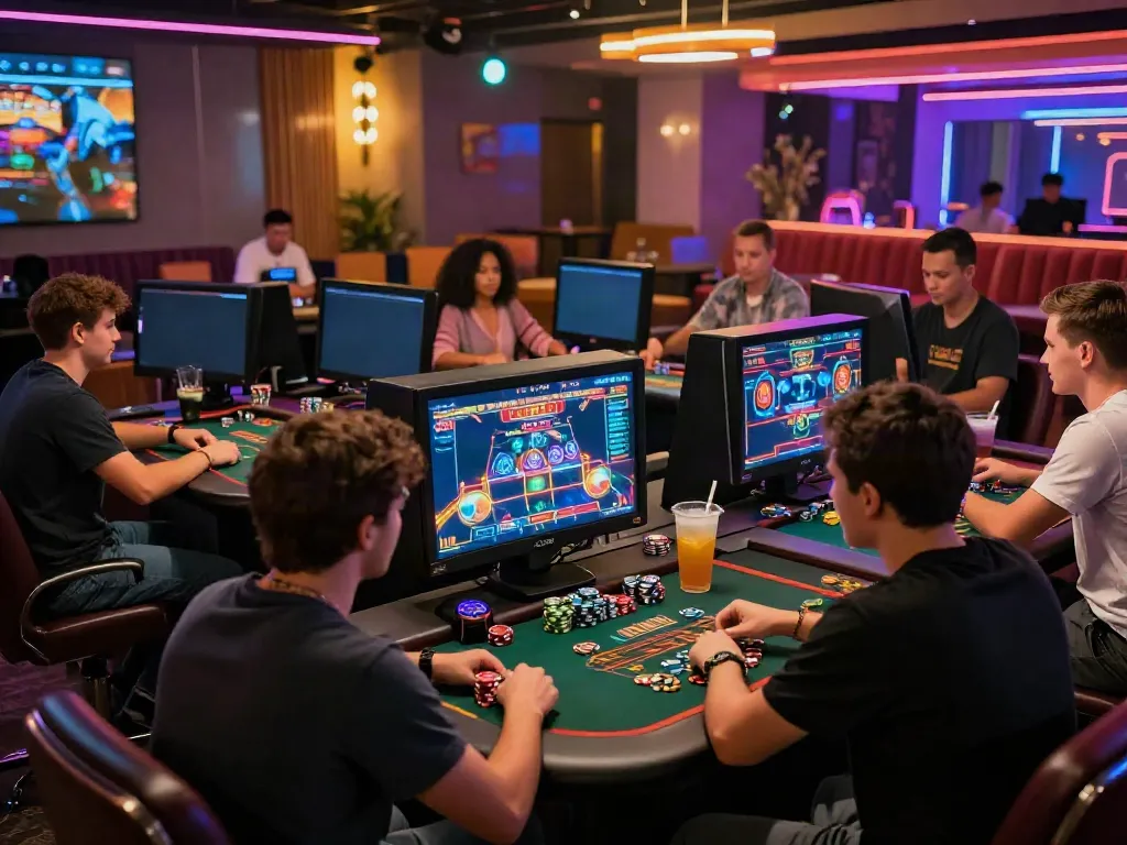 Casino sites not on GamStop featured in a lively gaming lounge with enthusiastic players.