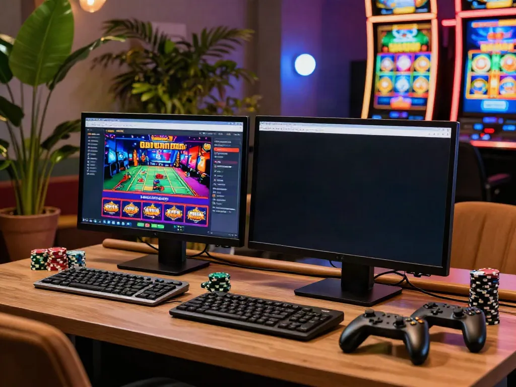 Dynamic scene of casino sites not on GamStop displayed on a computer and smartphone in an inviting gaming environment.