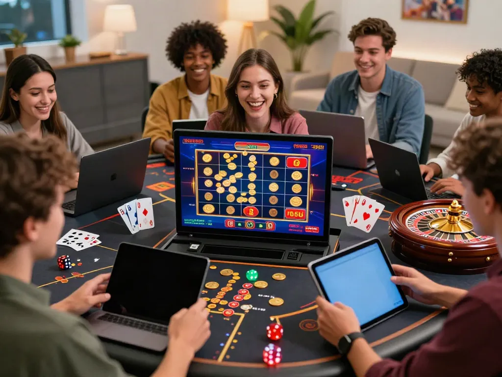 Casino sites not on gamstop featured in a lively online gaming scene with diverse players celebrating a jackpot.