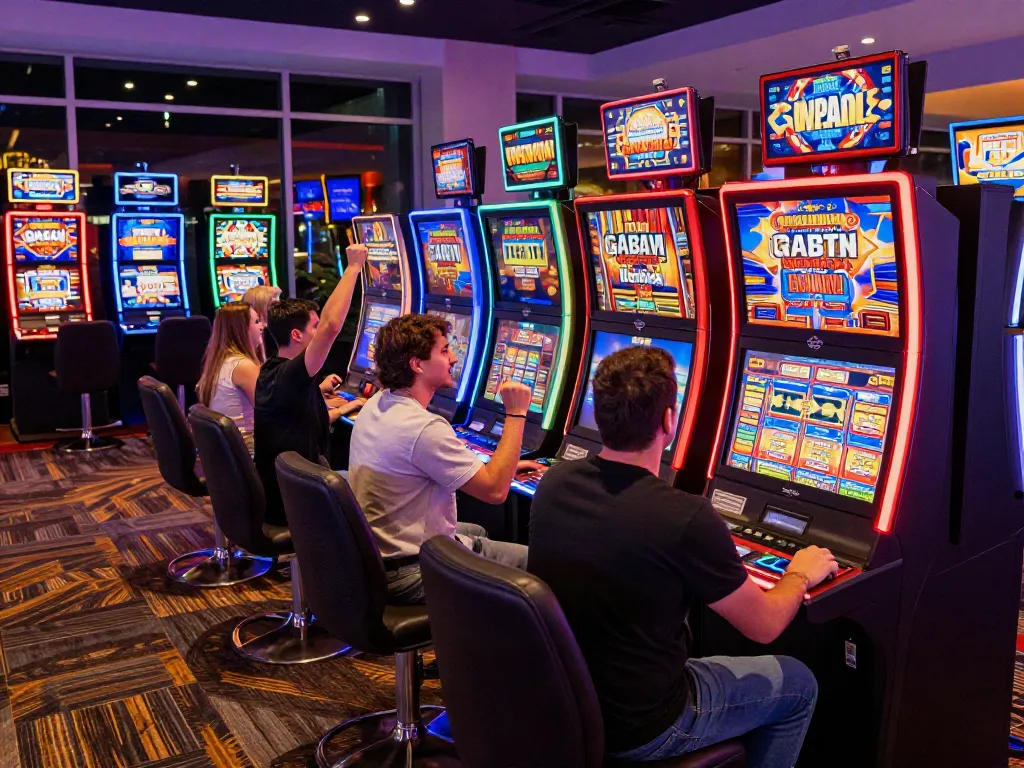 Players enjoying casino sites not on gamstop at vibrant gaming floor with colorful slot machines.