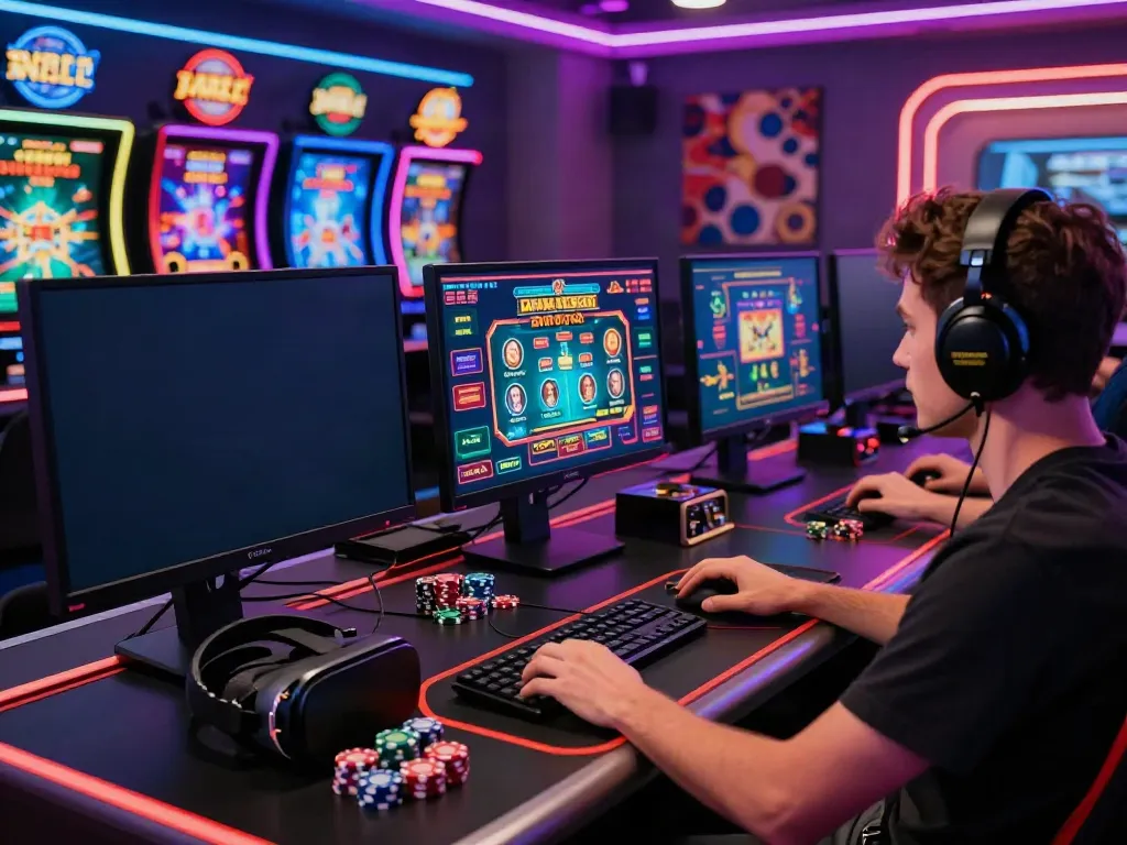 Engaging scene of casino sites not on GamStop with vibrant online gaming displays and energetic atmosphere.