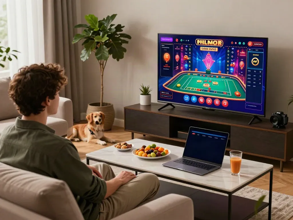 Engaging player exploring casino sites not on gamstop in a cozy living room setting.