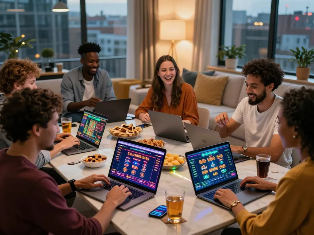 Friends enjoying casino sites not on Gamstop during a lively game night at home.
