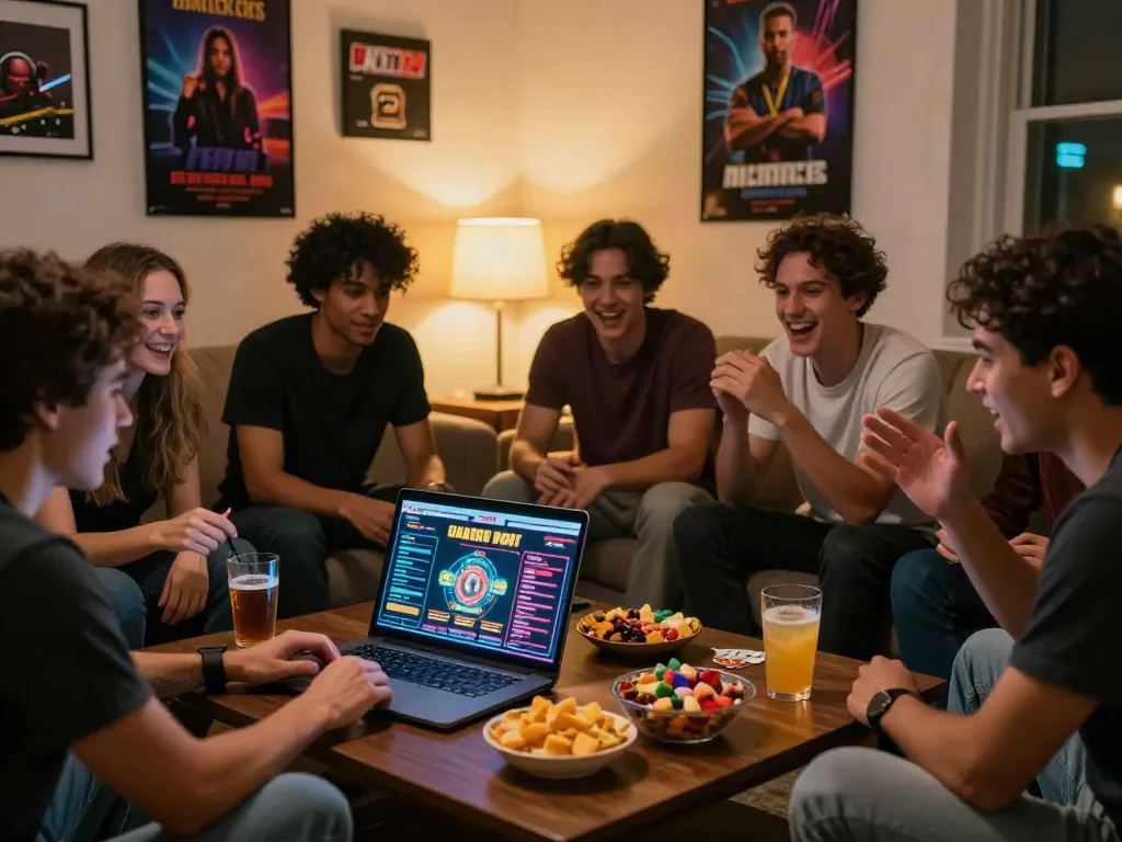 Friends discussing casino sites not on GamStop in a cozy gaming setting.