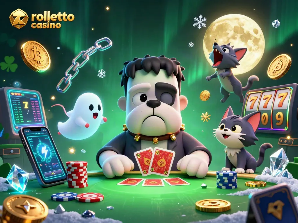 Engage with rolletto casino in a vibrant scene featuring a Frankenstein bulldog and neon crypto elements.