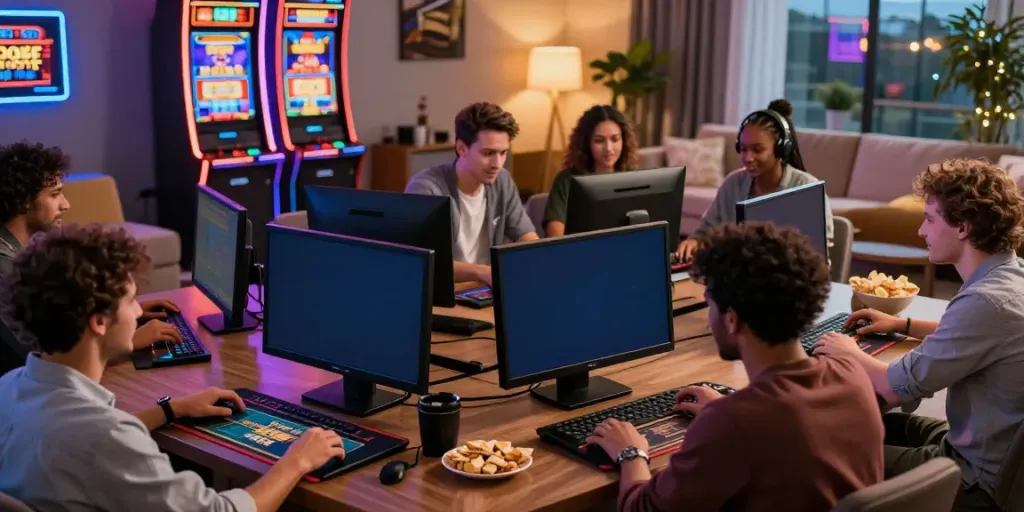 Exciting players enjoying casino sites not on gamstop in a vibrant living room setting.
