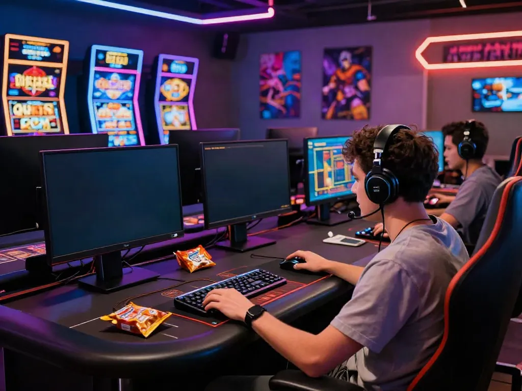 Engaged player at casino sites not on gamstop, immersed in vibrant gaming atmosphere with multiple screens.