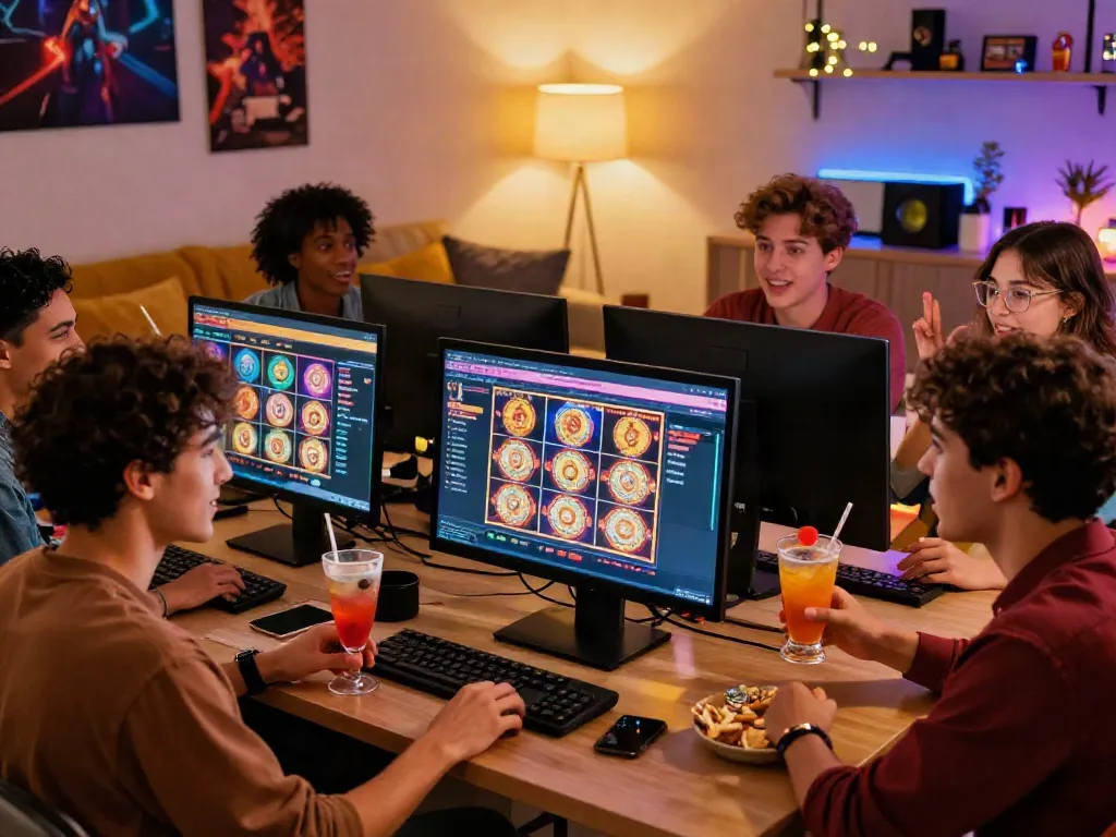 Group of friends enjoying casino sites not on gamstop while celebrating at home.