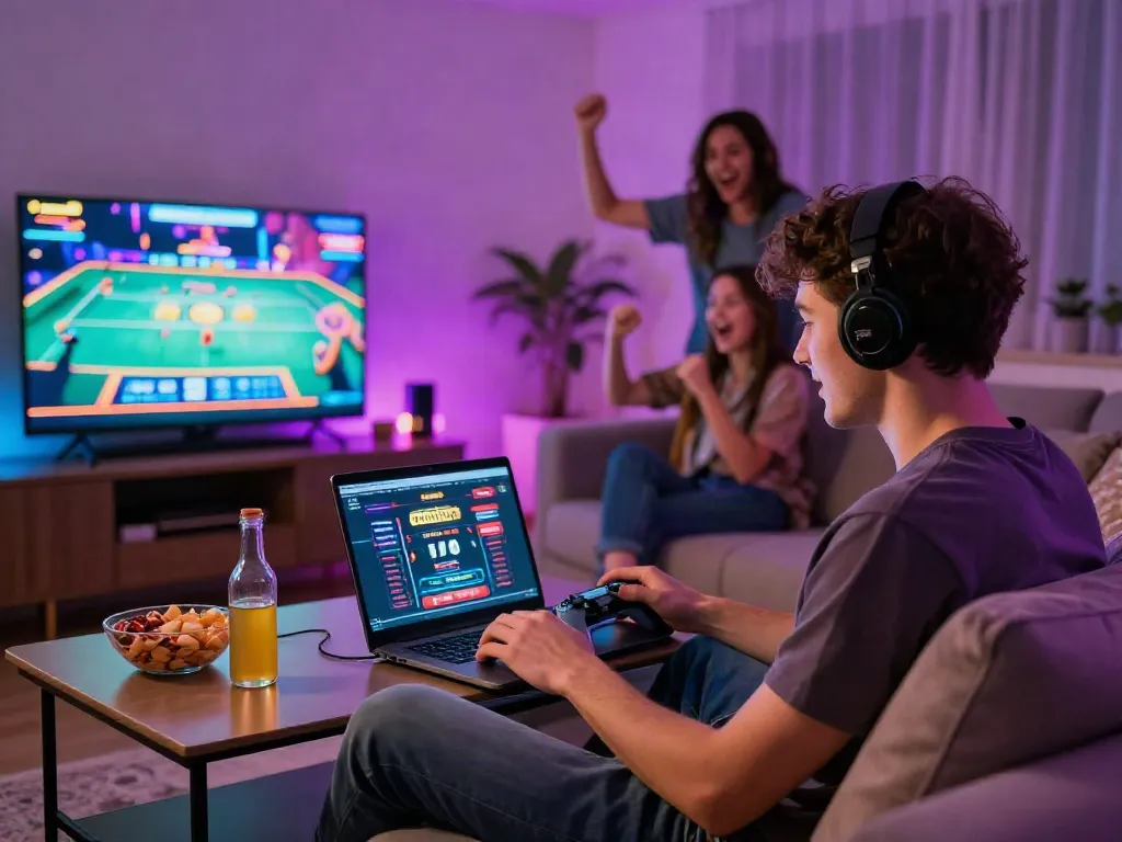 Engaging scene of a young man playing at casino sites not on gamstop in a lively living room.