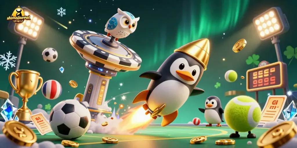 Engage with ahimajournal-digital through a vibrant rocket-powered penguin scene showcasing dynamic sports and casino elements.