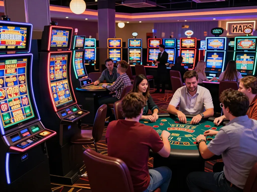 Engaging scene at a casino site not on Gamstop, showcasing diverse players enjoying slots and table games in a vibrant atmosphere.