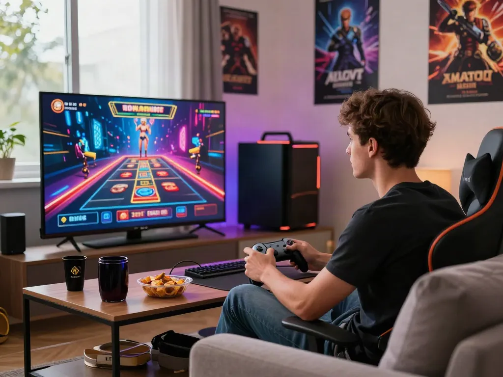Engaging scene showcasing casino sites not on gamstop with a gamer in a vibrant living room.