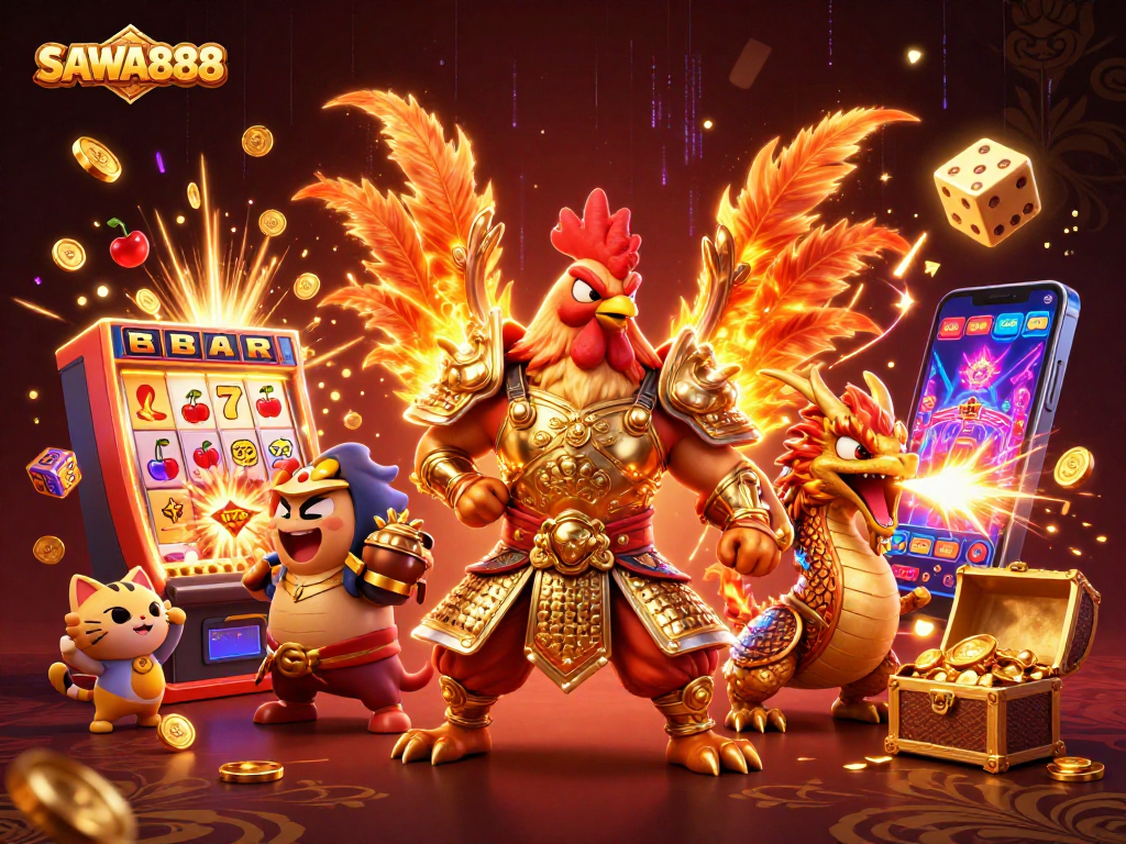 Experience the excitement of SAWA888 with a dynamic illustration of a roaring jackpot and engaging characters.