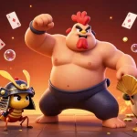 Zing88 offers an exhilarating gaming experience with a dynamic casino scene featuring a powerful sumo rooster, fierce cricket, and exciting game elements.