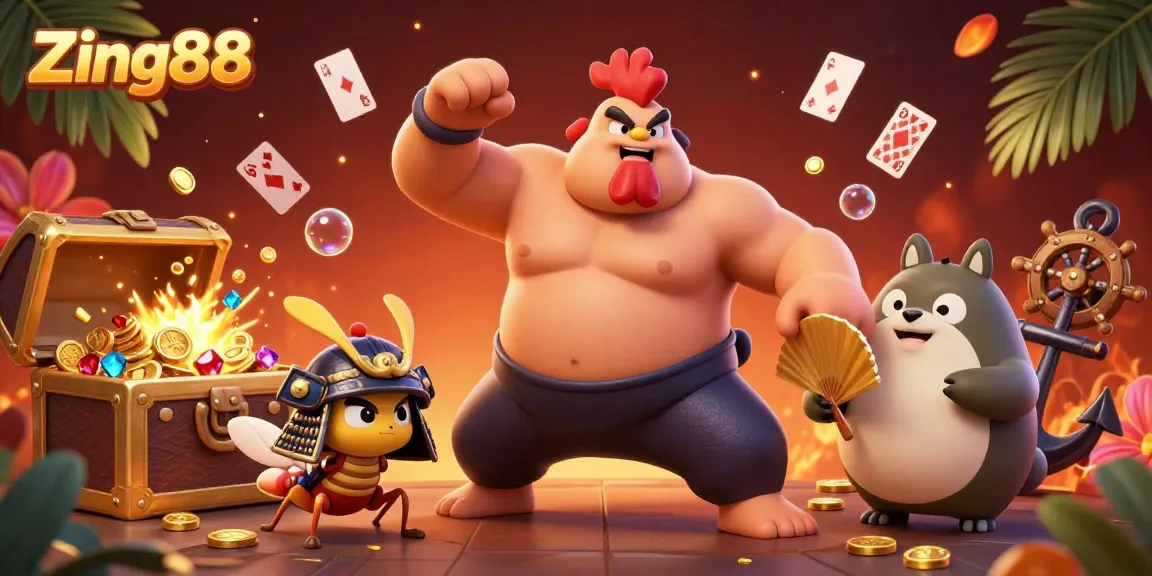 Zing88 offers an exhilarating gaming experience with a dynamic casino scene featuring a powerful sumo rooster, fierce cricket, and exciting game elements.