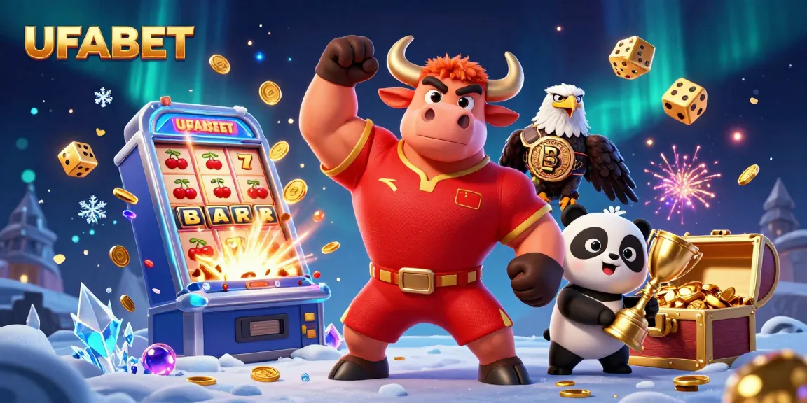 Betting with UFABET brings thrilling wins, featuring a festive scene of celebratory characters and gaming elements.