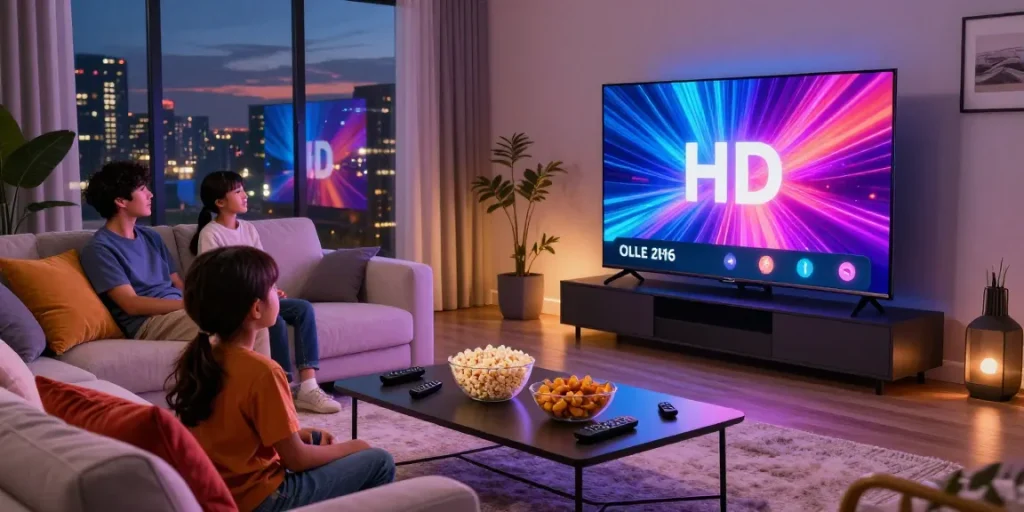 Family enjoying OLED TV 2026 in a cozy living room with vibrant visuals.