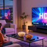 Family enjoying OLED TV 2026 in a cozy living room with vibrant visuals.