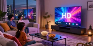 Family enjoying OLED TV 2026 in a cozy living room with vibrant visuals.