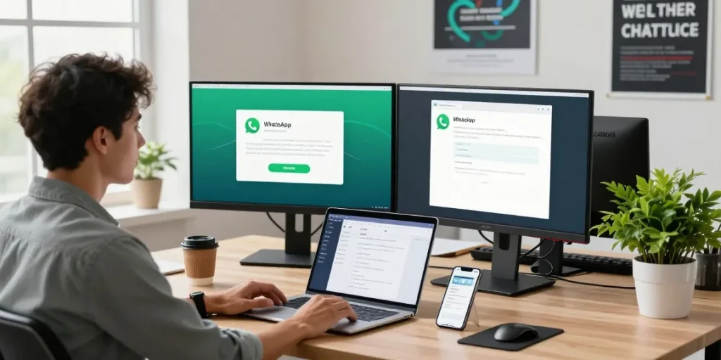 WhatsApp下載 setup in a modern workspace with dual monitors and smartphone notifications.