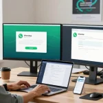 WhatsApp下載 setup in a modern workspace with dual monitors and smartphone notifications.