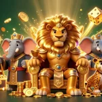 Experience keonhacai excitement in this vibrant 3D illustration featuring a royal lion, wise elephant, and swift cheetah amidst a casino backdrop.