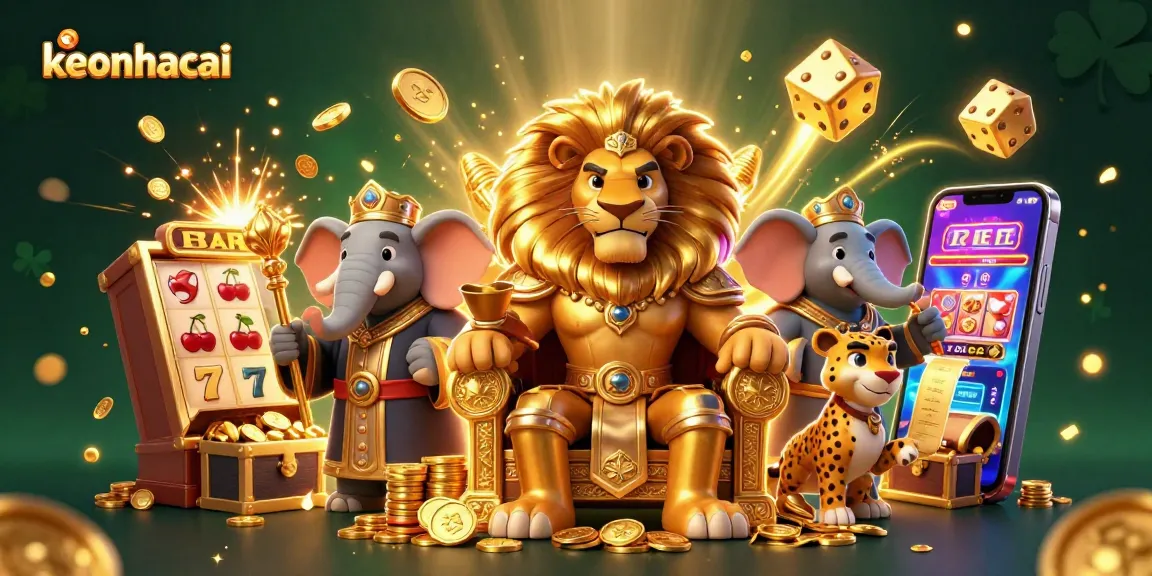 Experience keonhacai excitement in this vibrant 3D illustration featuring a royal lion, wise elephant, and swift cheetah amidst a casino backdrop.